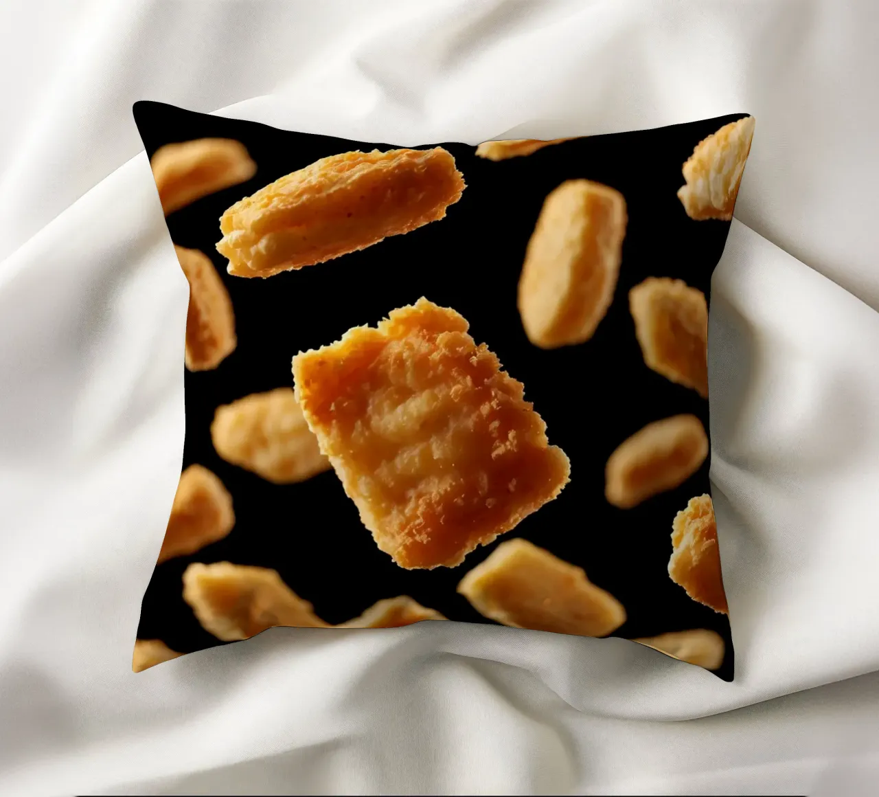 Nuggets in mid-air create a dynamic culinary display decorative cushion by DesignDoodle