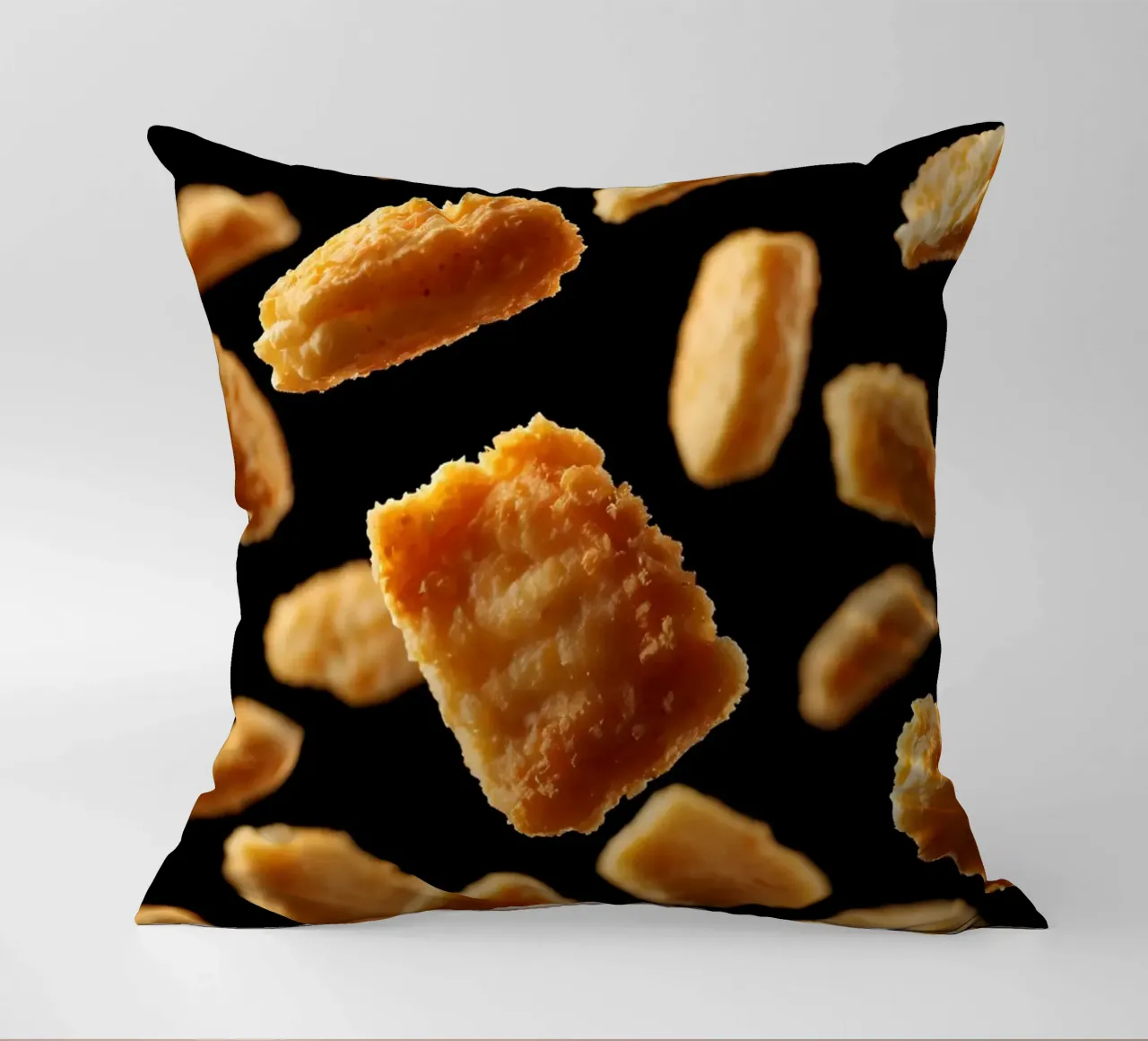 Nuggets in mid-air create a dynamic culinary display decorative cushion by DesignDoodle