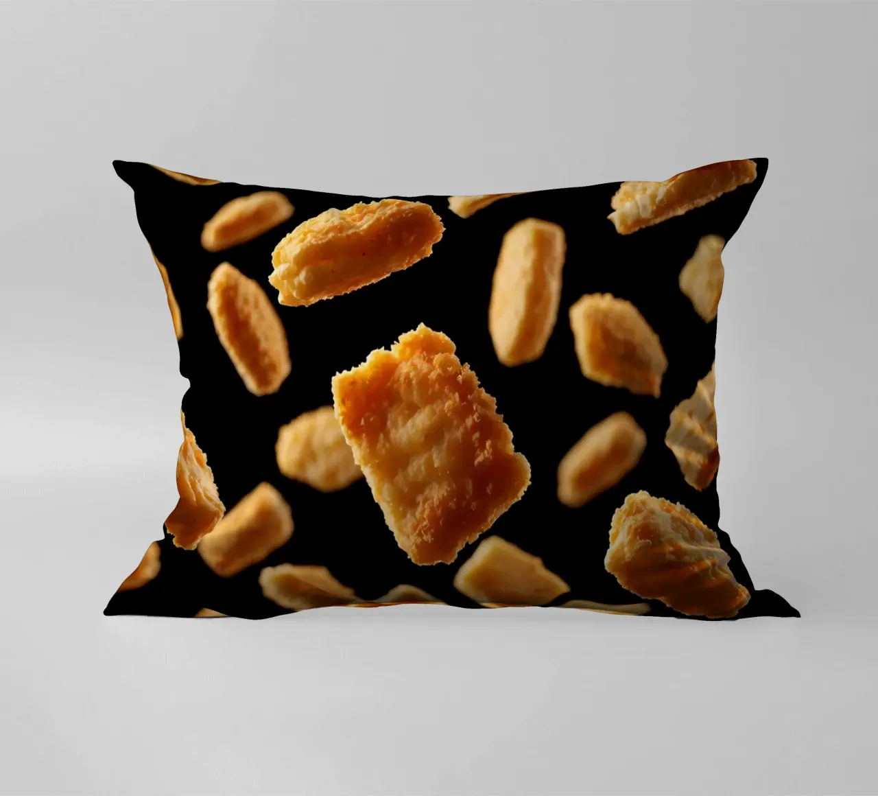 Nuggets in mid-air create a dynamic culinary display decorative cushion by DesignDoodle