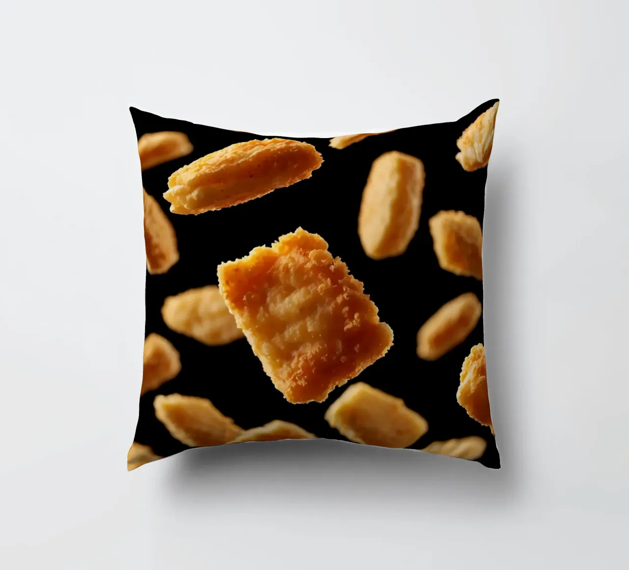 Nuggets in mid-air create a dynamic culinary display decorative cushion by DesignDoodle