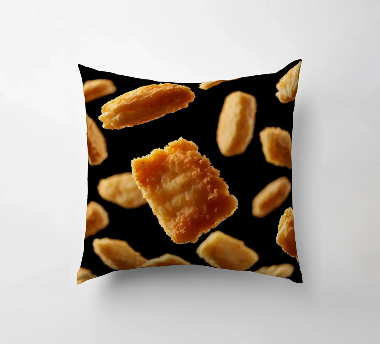 Nuggets in mid-air create a dynamic culinary display decorative cushion by DesignDoodle