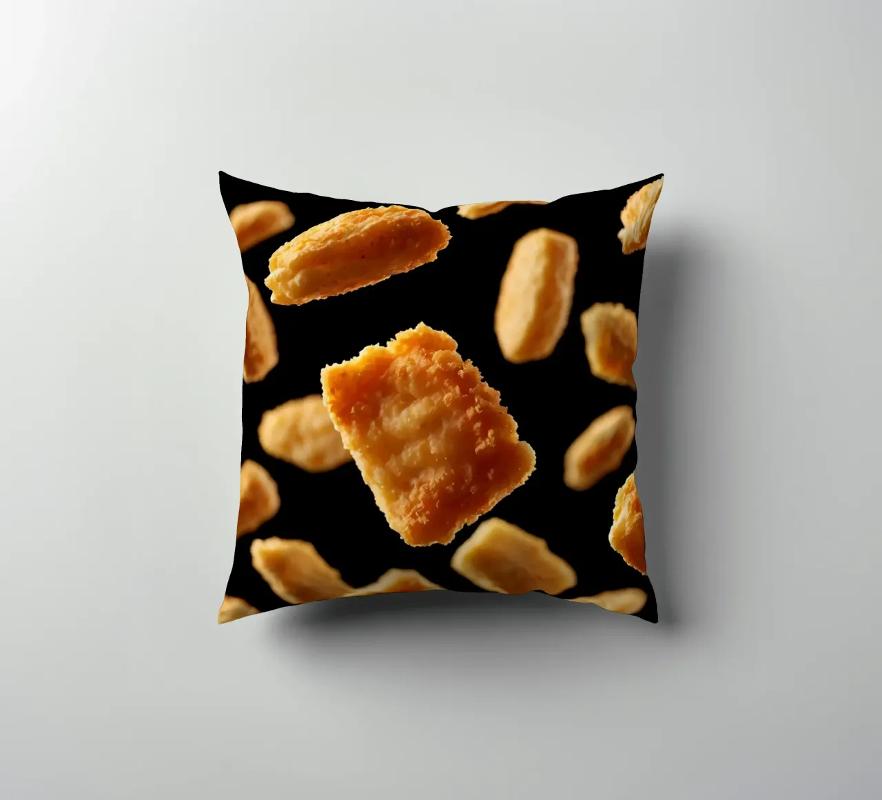 Nuggets in mid-air create a dynamic culinary display decorative cushion by DesignDoodle