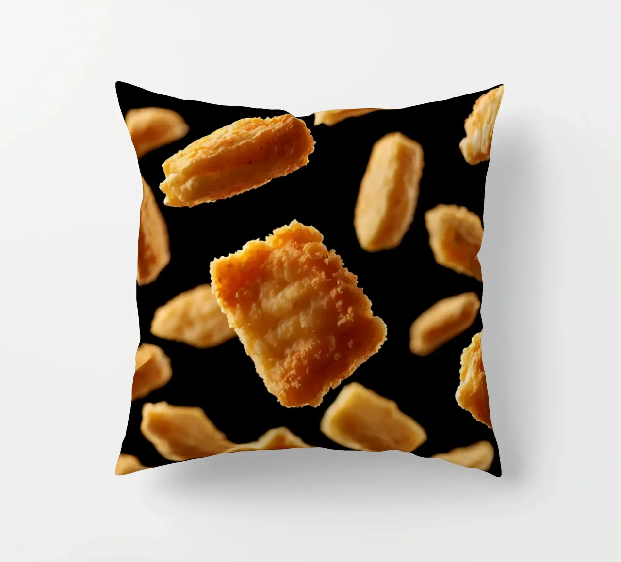 Nuggets in mid-air create a dynamic culinary display decorative cushion by DesignDoodle