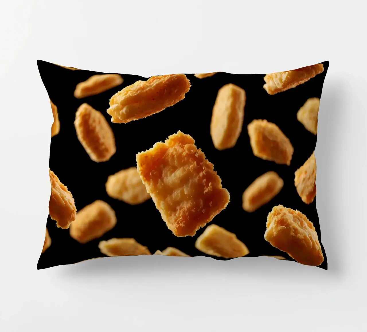 Nuggets in mid-air create a dynamic culinary display decorative cushion by DesignDoodle