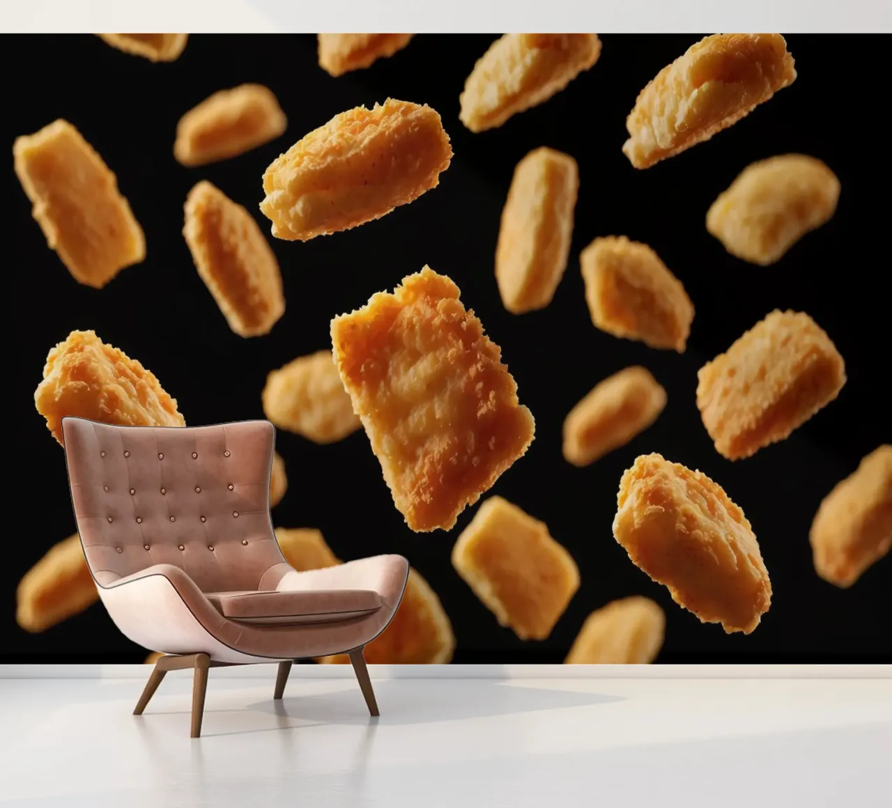 Nuggets in mid-air create a dynamic culinary display photo wallpaper by DesignDoodle