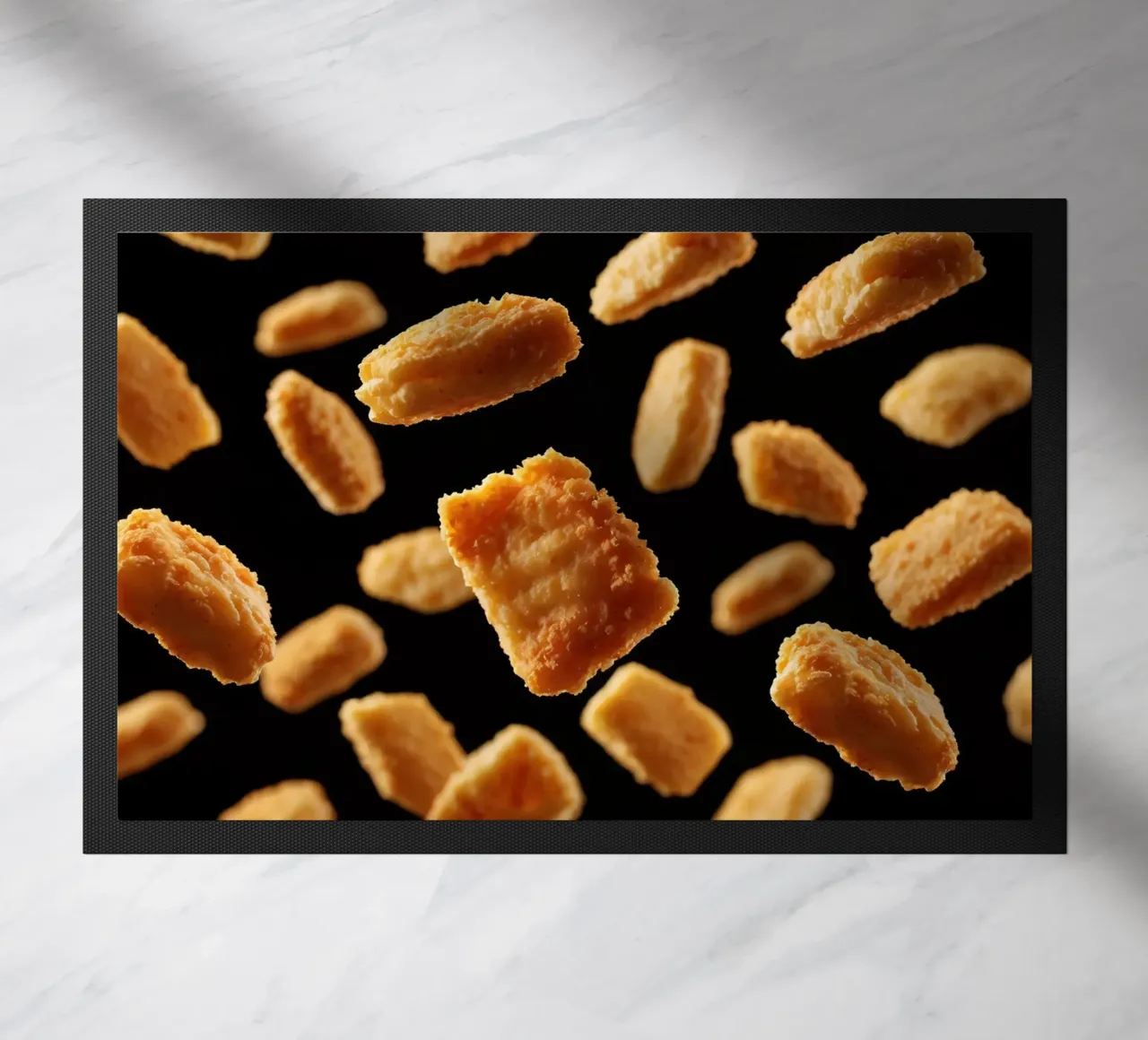 Nuggets in mid-air create a dynamic culinary display doormat by DesignDoodle