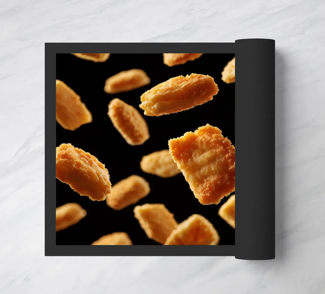 Nuggets in mid-air create a dynamic culinary display doormat by DesignDoodle