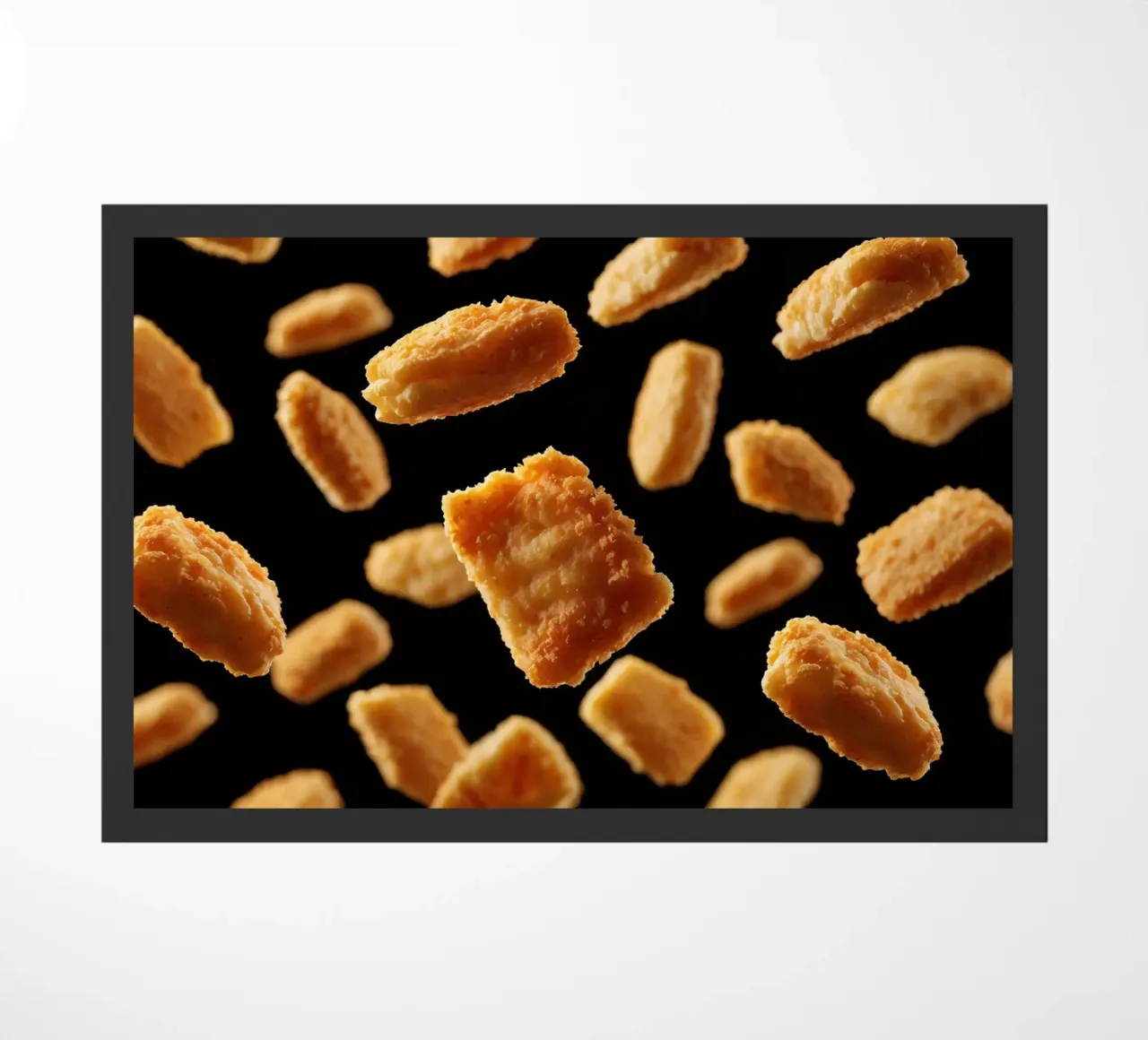 Nuggets in mid-air create a dynamic culinary display doormat by DesignDoodle