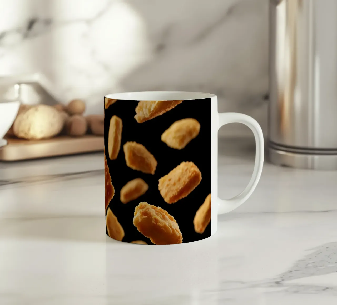 Nuggets in mid-air create a dynamic culinary display ceramic mug by DesignDoodle