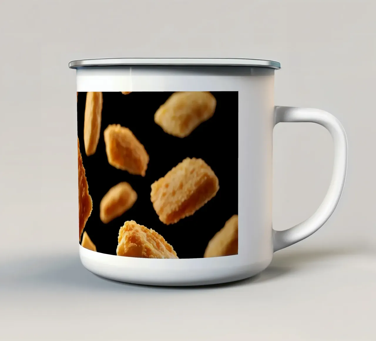 Nuggets in mid-air create a dynamic culinary display enamel mug by DesignDoodle