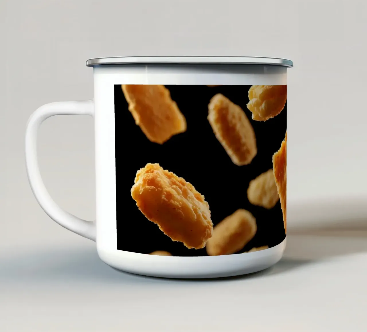 Nuggets in mid-air create a dynamic culinary display enamel mug by DesignDoodle