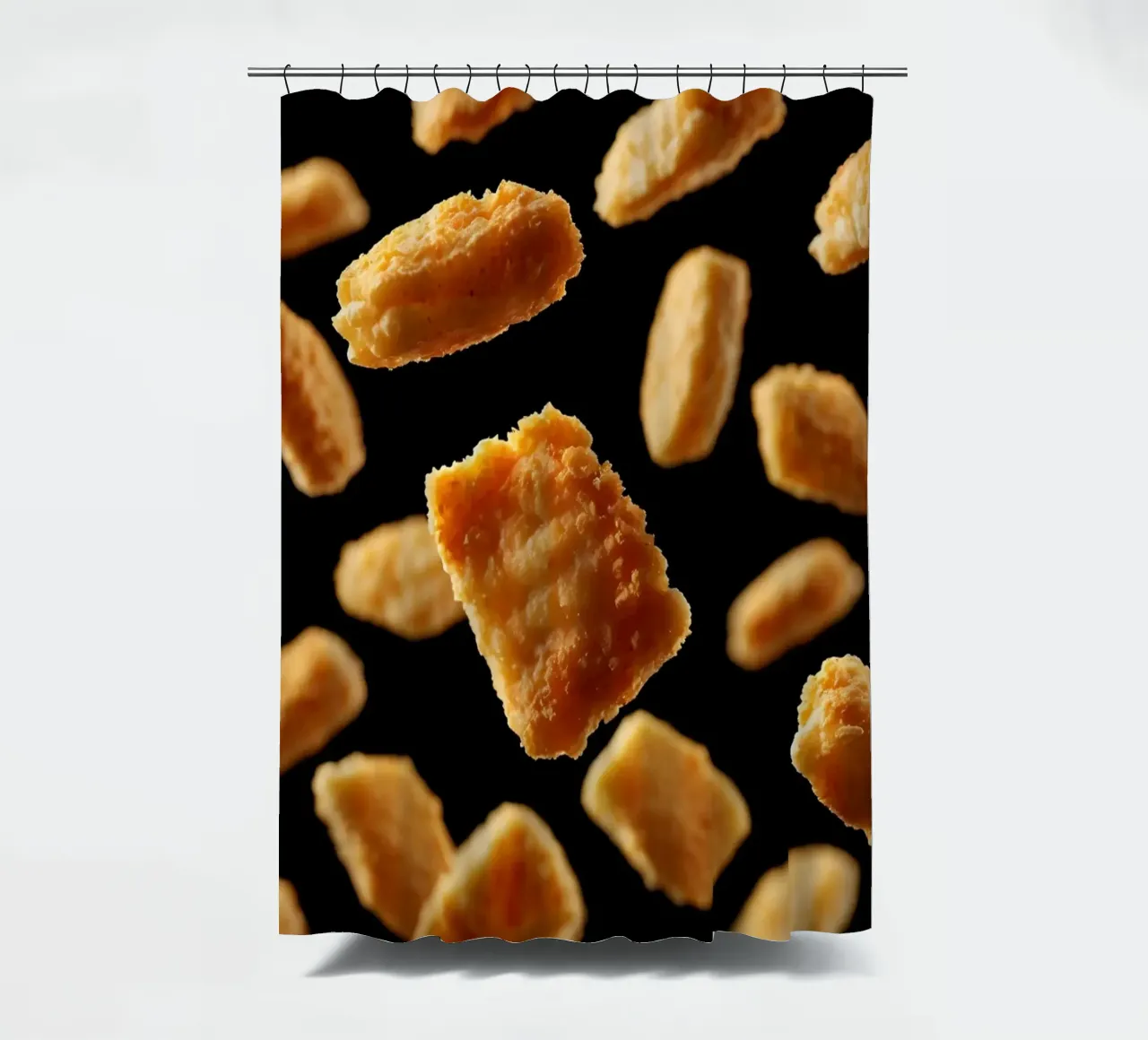 Nuggets in mid-air create a dynamic culinary display shower curtain by DesignDoodle