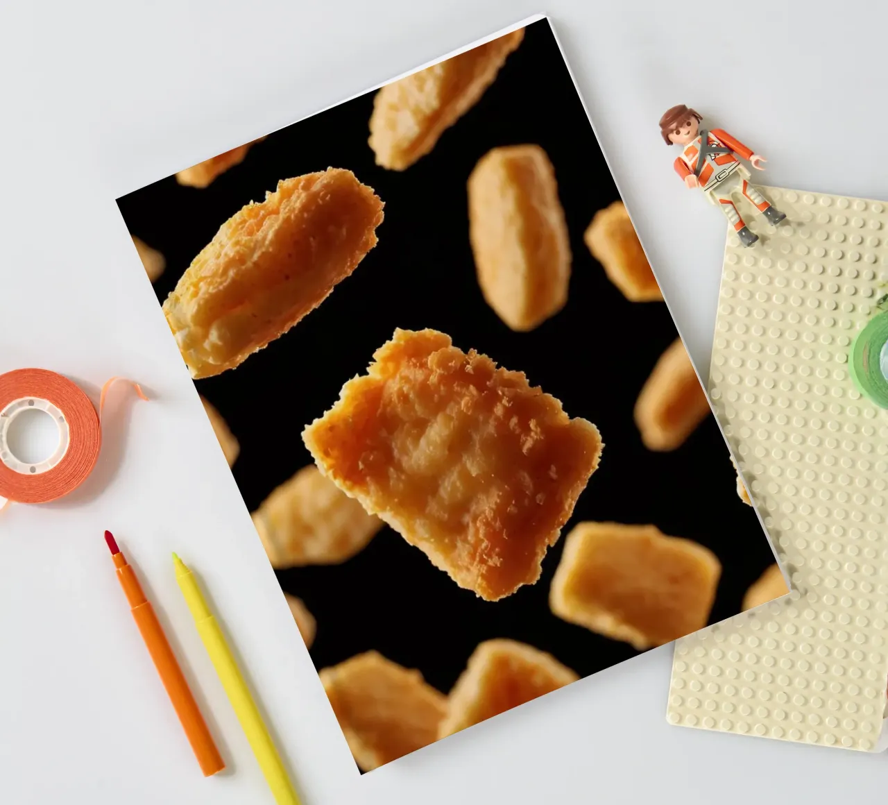 Nuggets in mid-air create a dynamic culinary display notebook by DesignDoodle