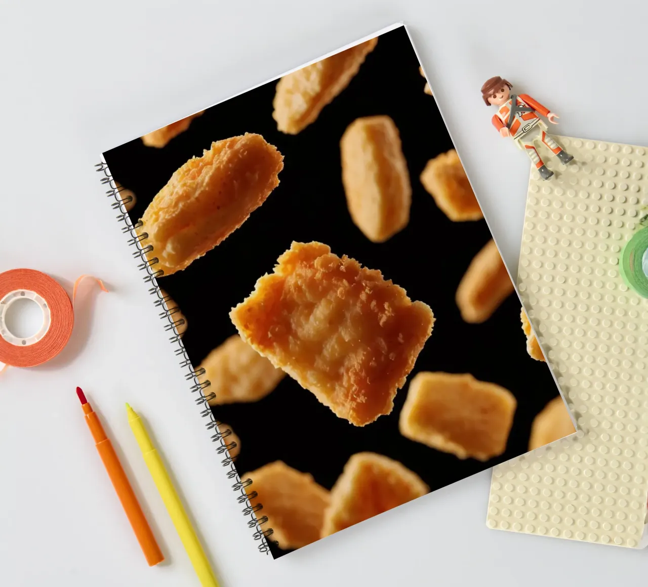 Nuggets in mid-air create a dynamic culinary display spiral notebook by DesignDoodle