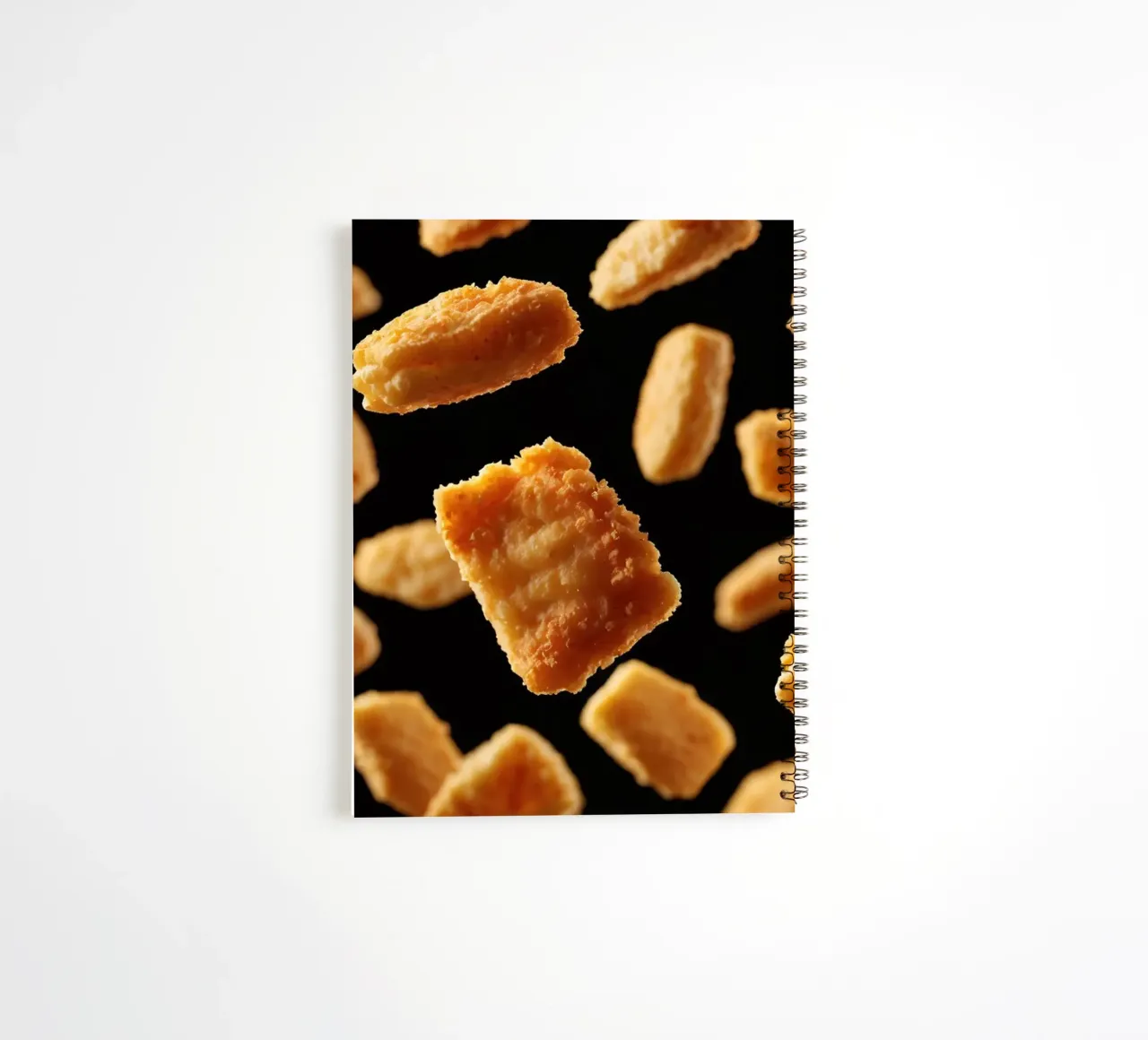 Nuggets in mid-air create a dynamic culinary display spiral notebook by DesignDoodle