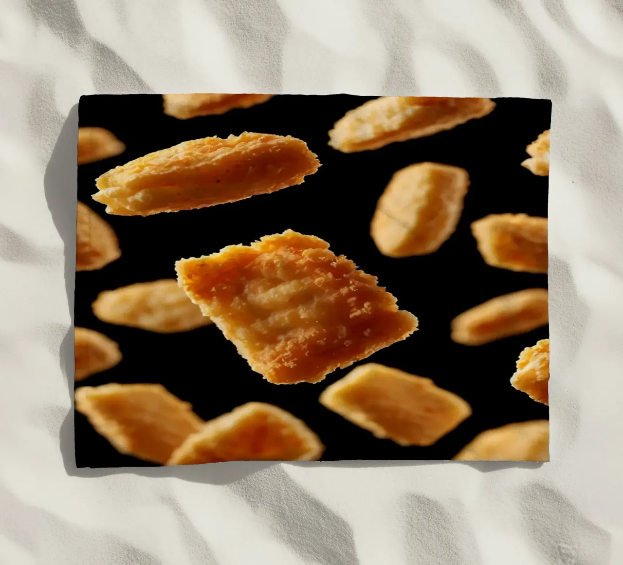 Nuggets in mid-air create a dynamic culinary display beach towel by DesignDoodle