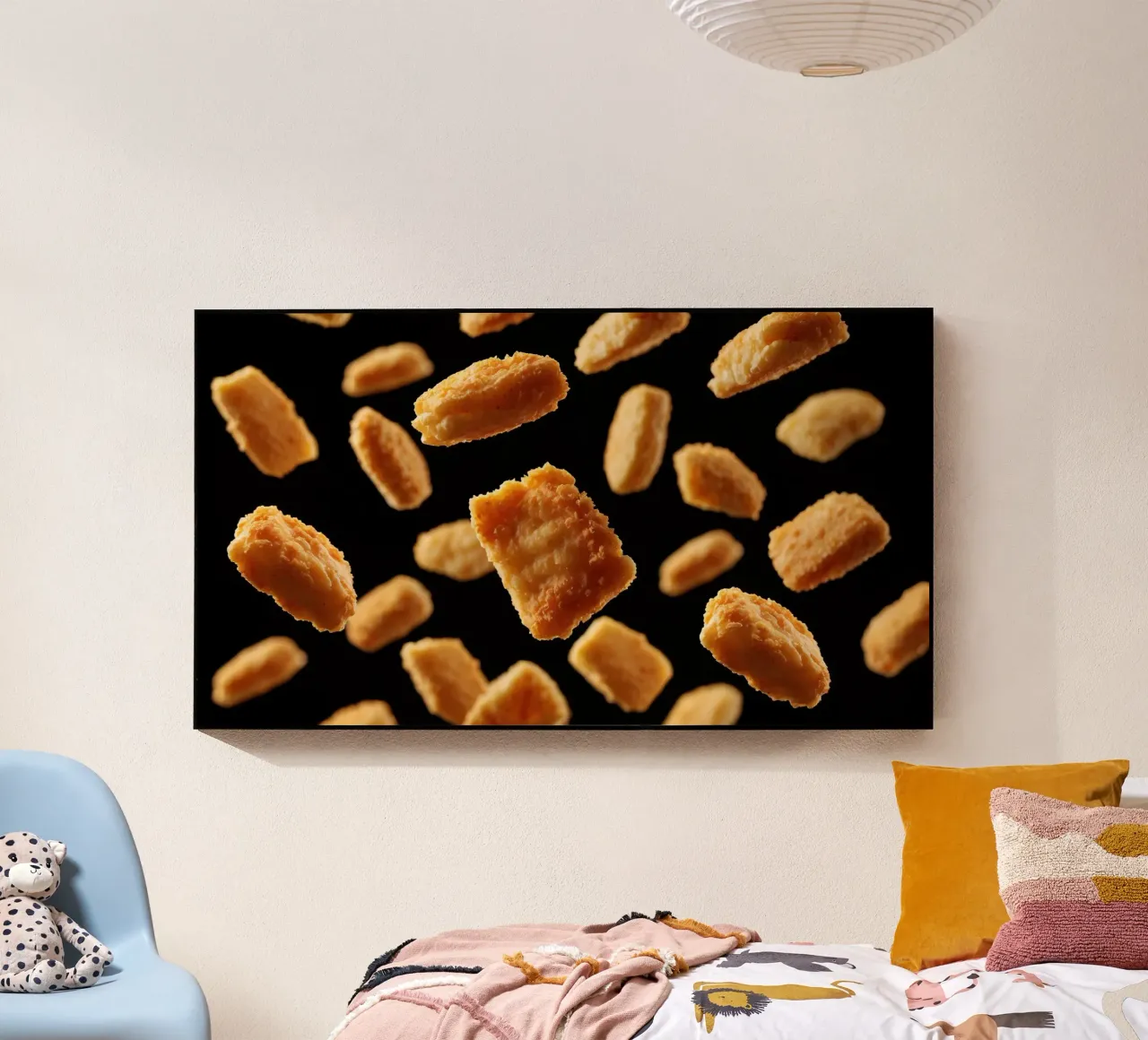 Nuggets in mid-air create a dynamic culinary display acrylic glass by DesignDoodle