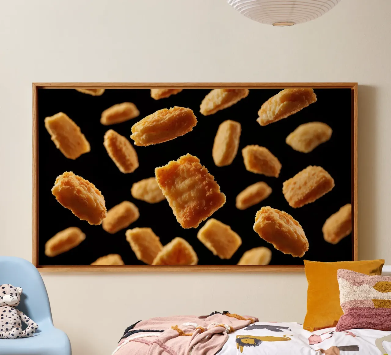 Nuggets in mid-air create a dynamic culinary display canvas by DesignDoodle