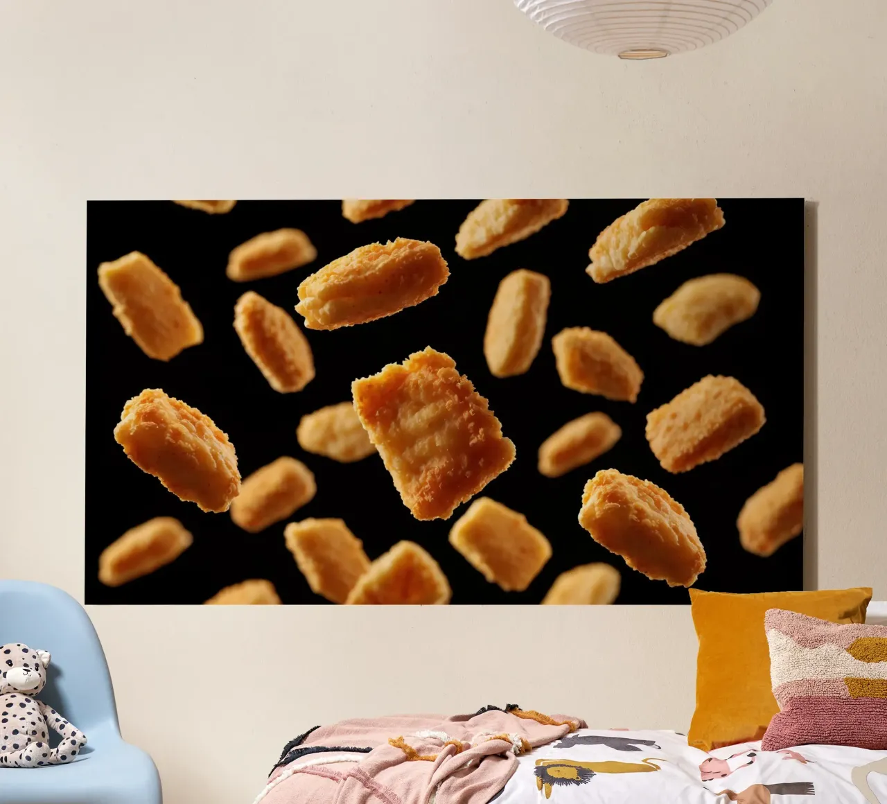 Nuggets in mid-air create a dynamic culinary display canvas by DesignDoodle