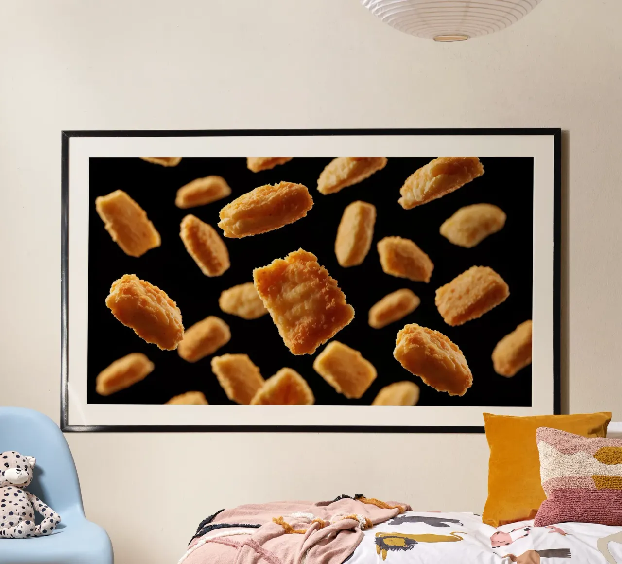 Nuggets in mid-air create a dynamic culinary display hahnemühle by DesignDoodle
