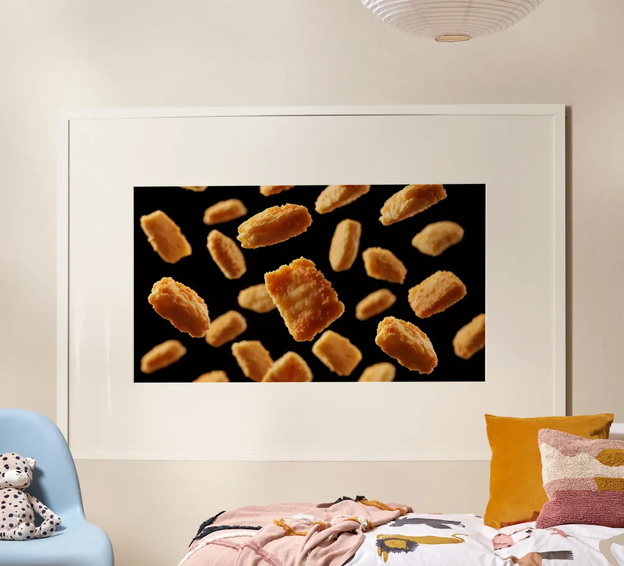 Nuggets in mid-air create a dynamic culinary display hahnemühle by DesignDoodle