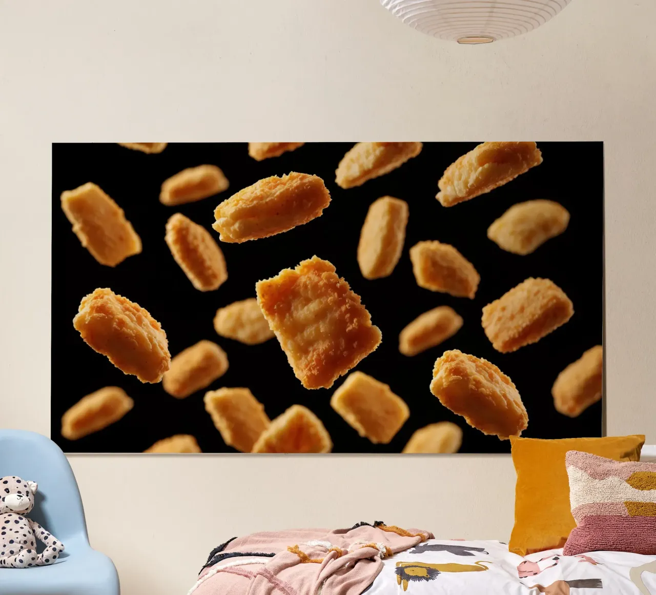 Nuggets in mid-air create a dynamic culinary display hahnemühle by DesignDoodle