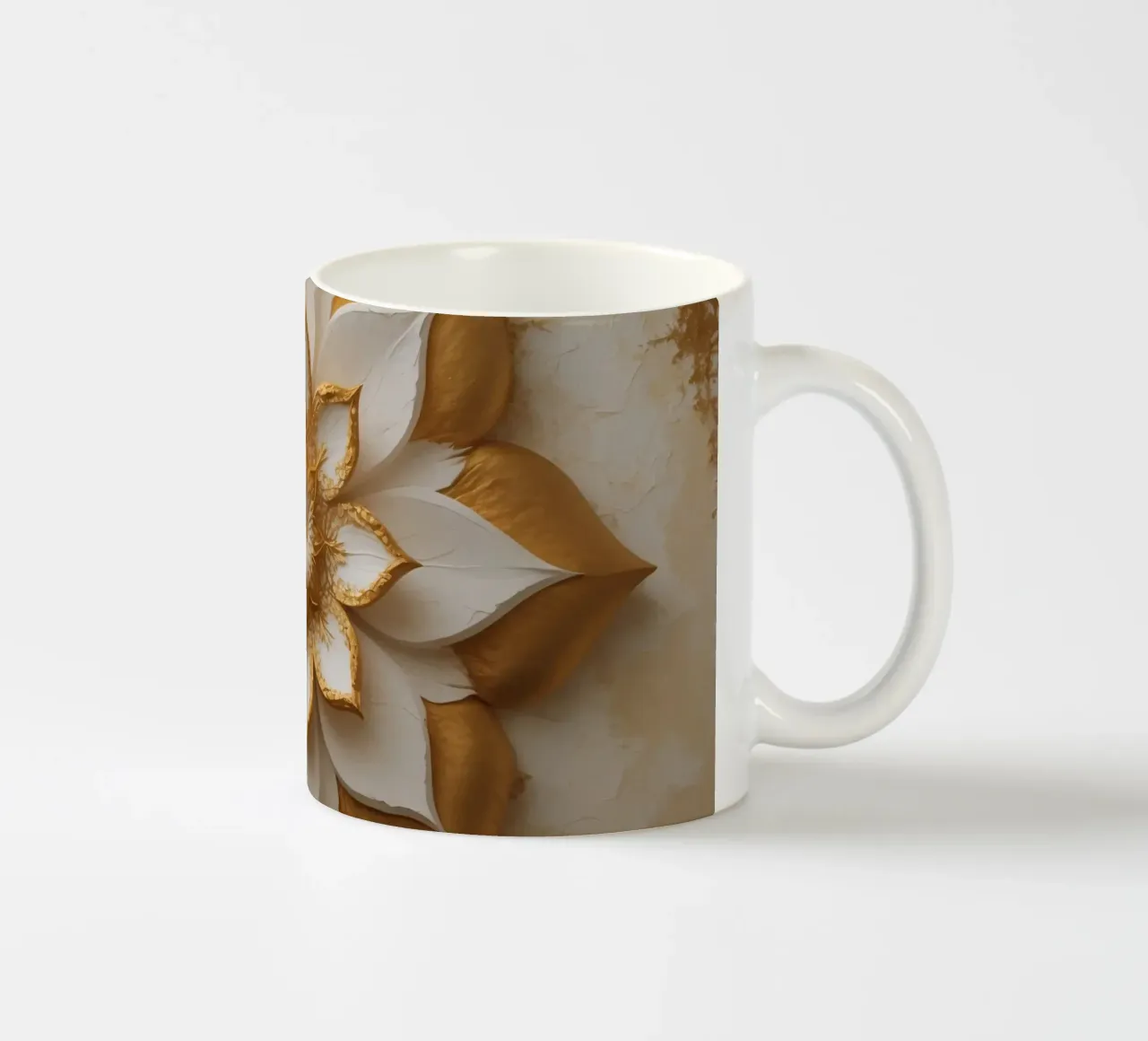 Decorative golden lotus flower design crafted on a textured ceramic mug by DesignDoodle