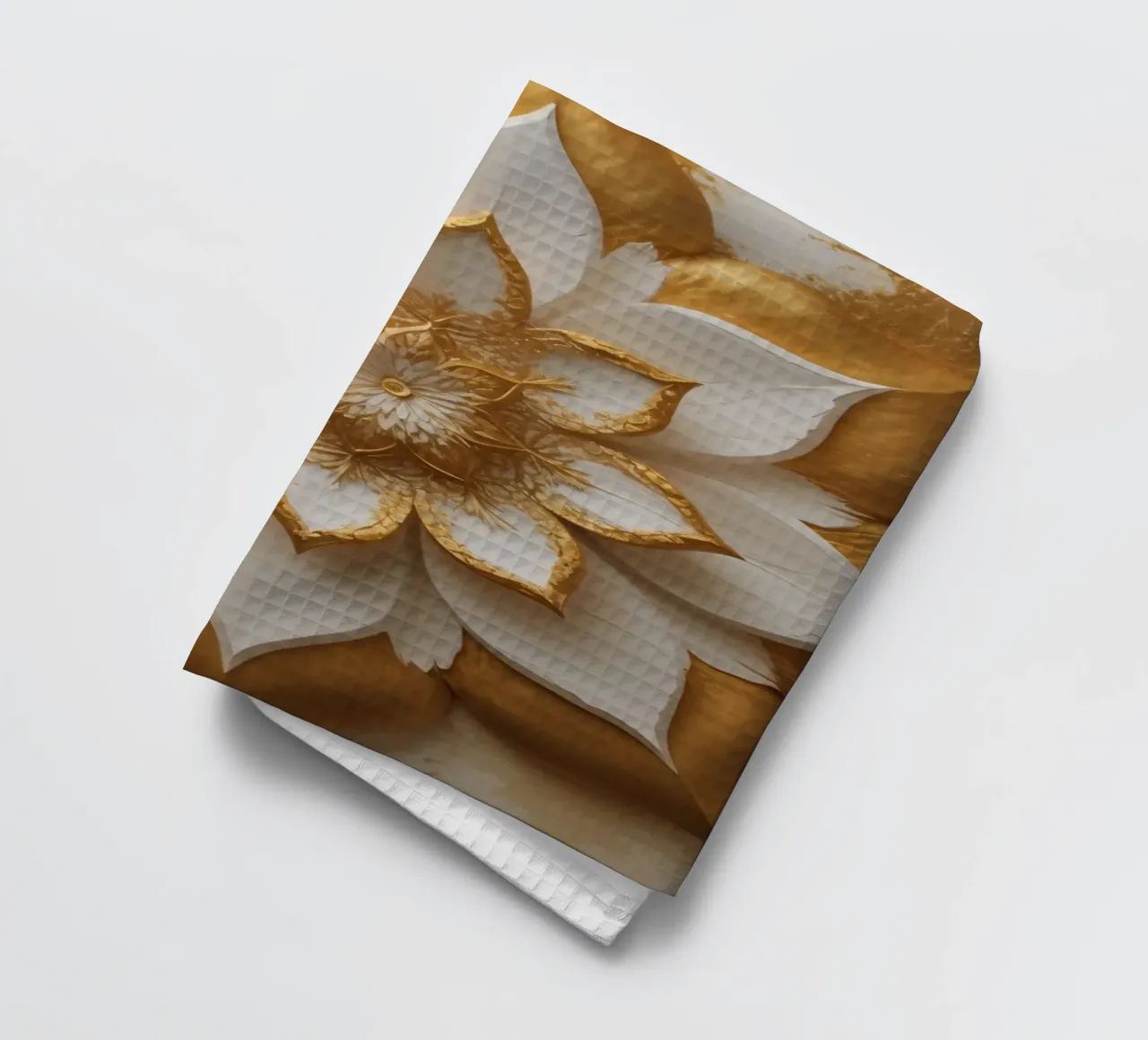 Fleur de lotus décorative dorée, réalisée sur un support texturé. torchon de DesignDoodle
