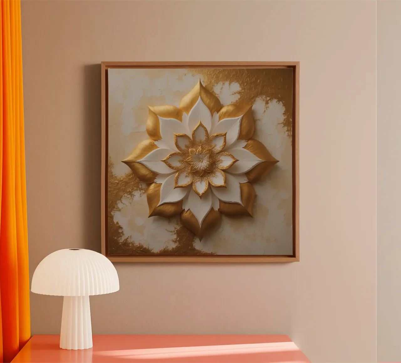 Decorative golden lotus flower design crafted on a textured canvas with Floater frame by DesignDoodle