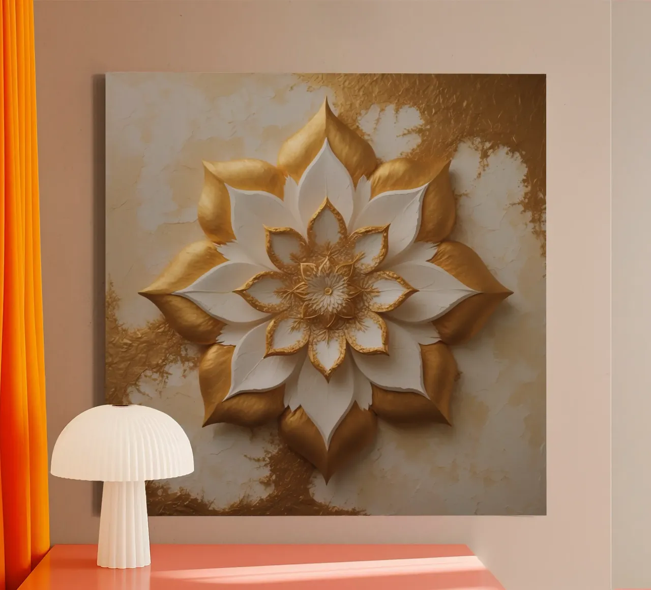 Decorative golden lotus flower design crafted on a textured canvas with Floater frame by DesignDoodle