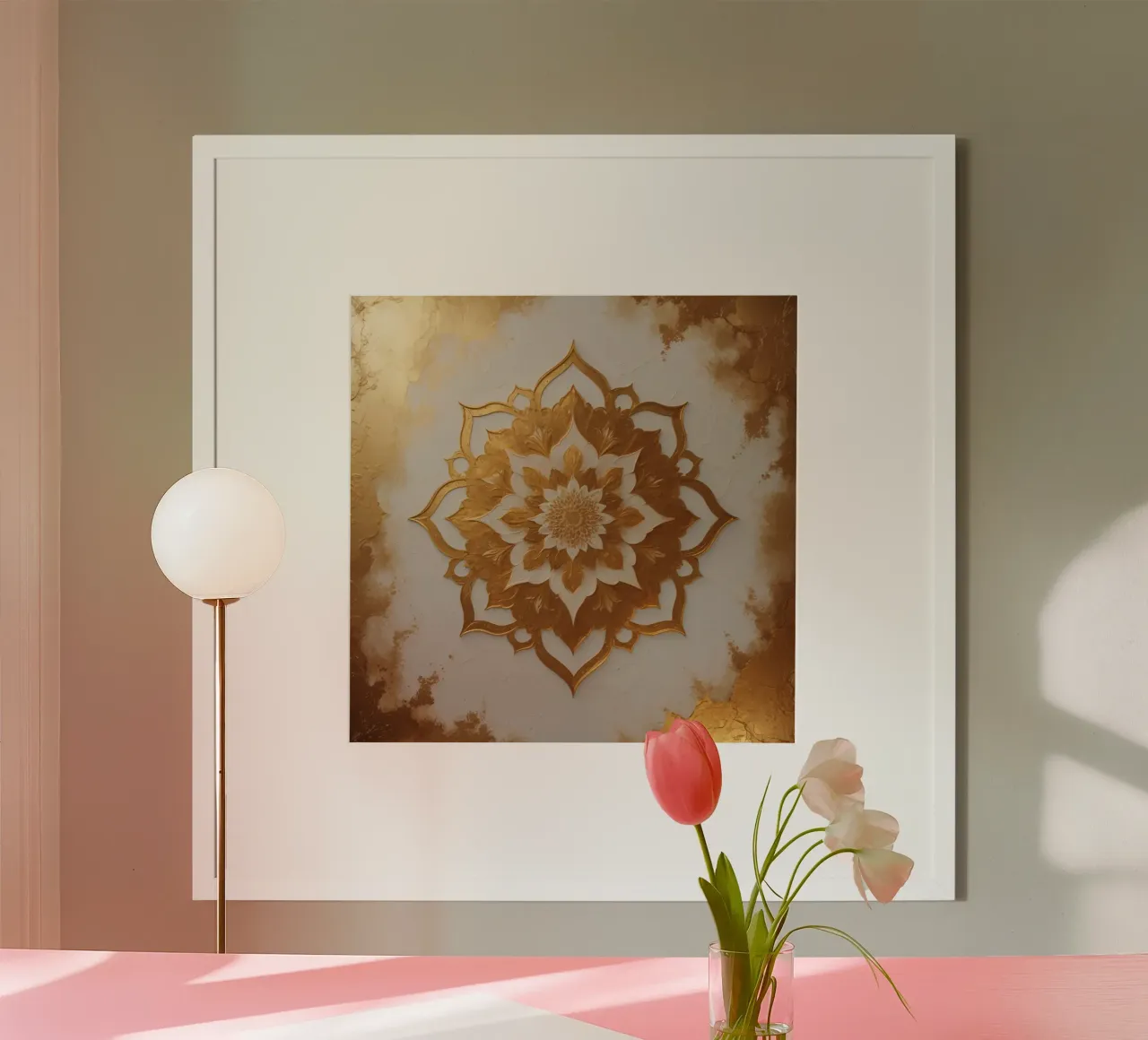 Intricato disegno di mandala floreale in oro su una superficie bianca strutturata poster con telaio in alluminio da DesignDoodle
