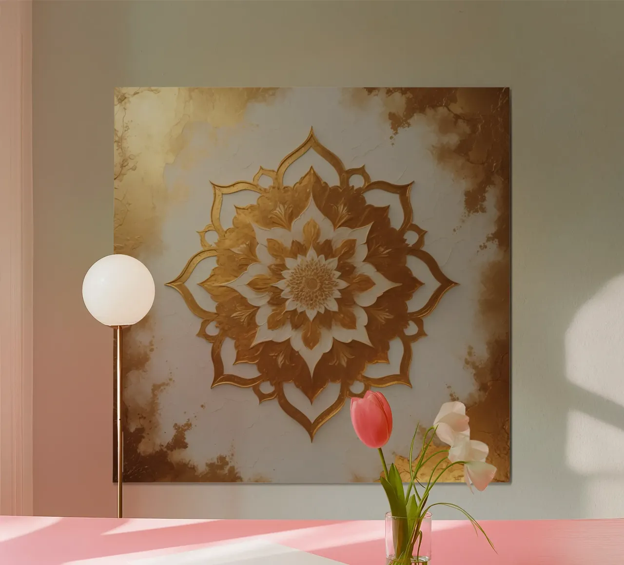 Intricato disegno di mandala floreale in oro su una superficie bianca strutturata poster con telaio in alluminio da DesignDoodle