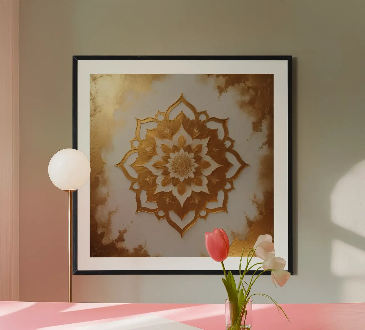 Intricato disegno di mandala floreale in oro su una superficie bianca strutturata poster con telaio in alluminio da DesignDoodle