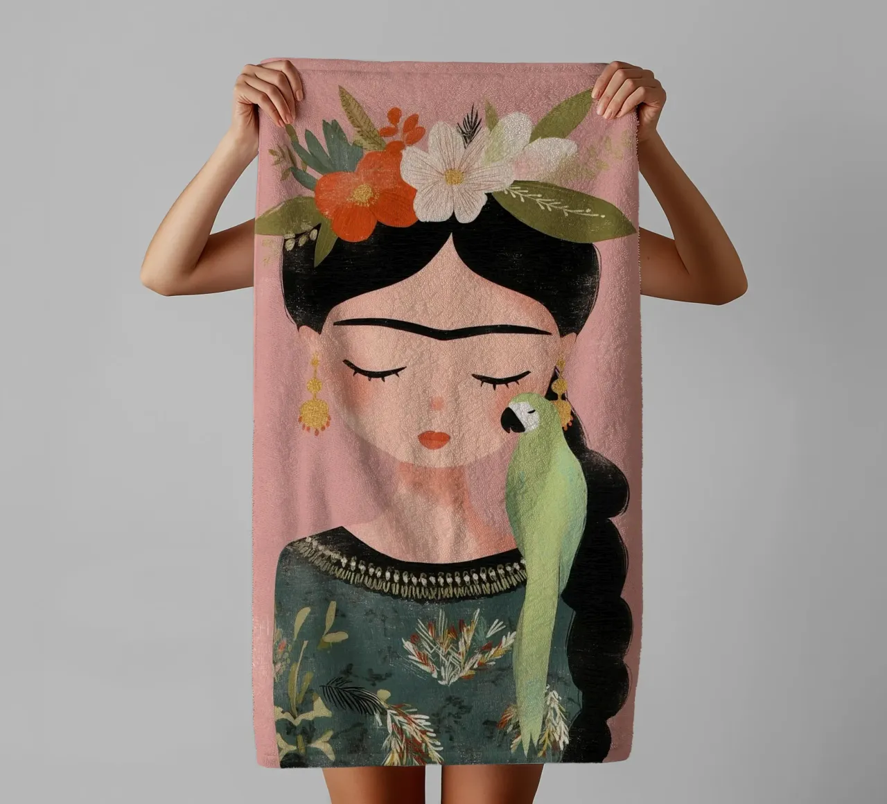 L'amore dei pappagalli con Frida asciugamano da bagno da Carinaprint