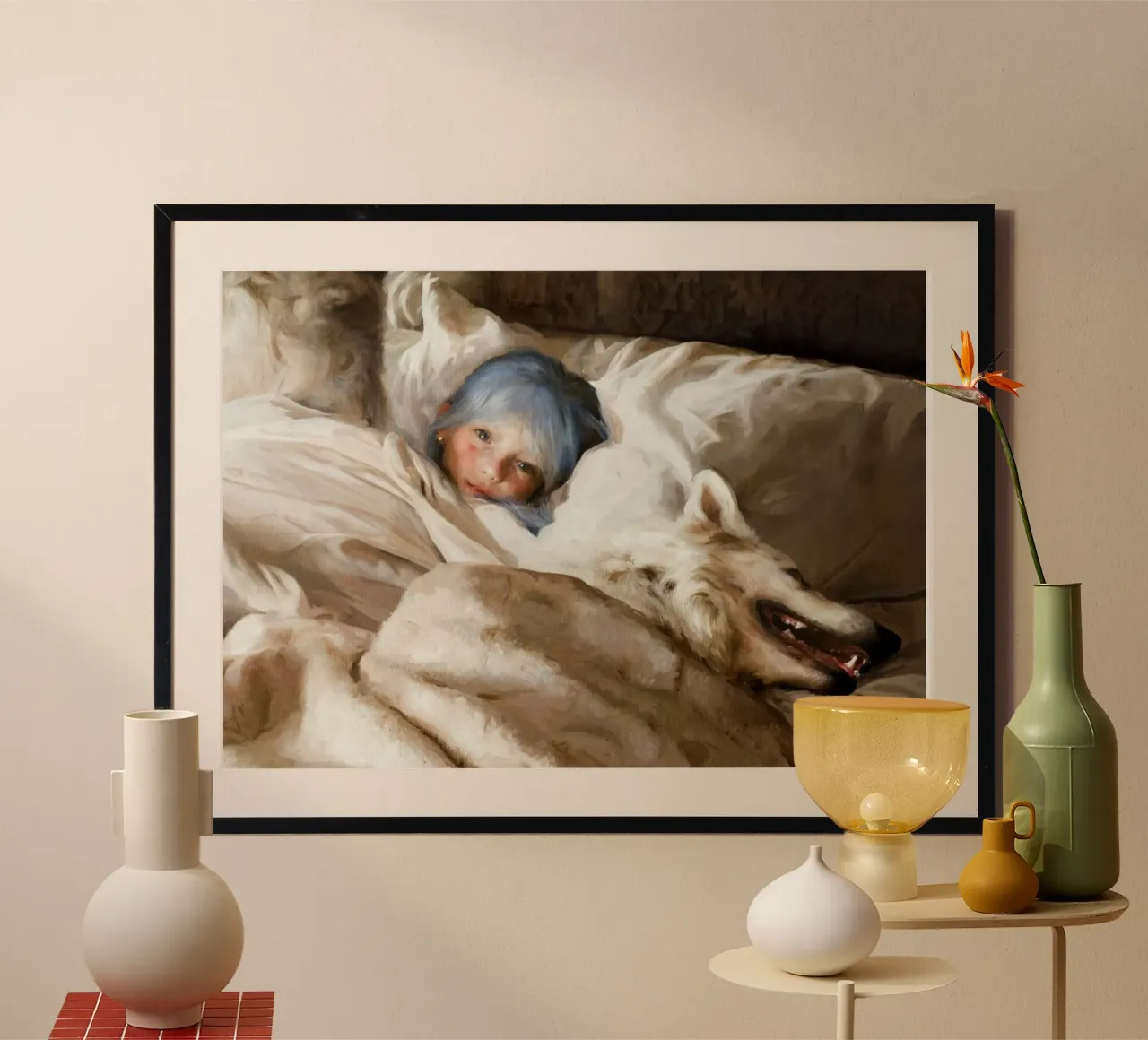 Guillermo Lorca García - Il bambino e il lupo poster con telaio in legno da The Poster UK
