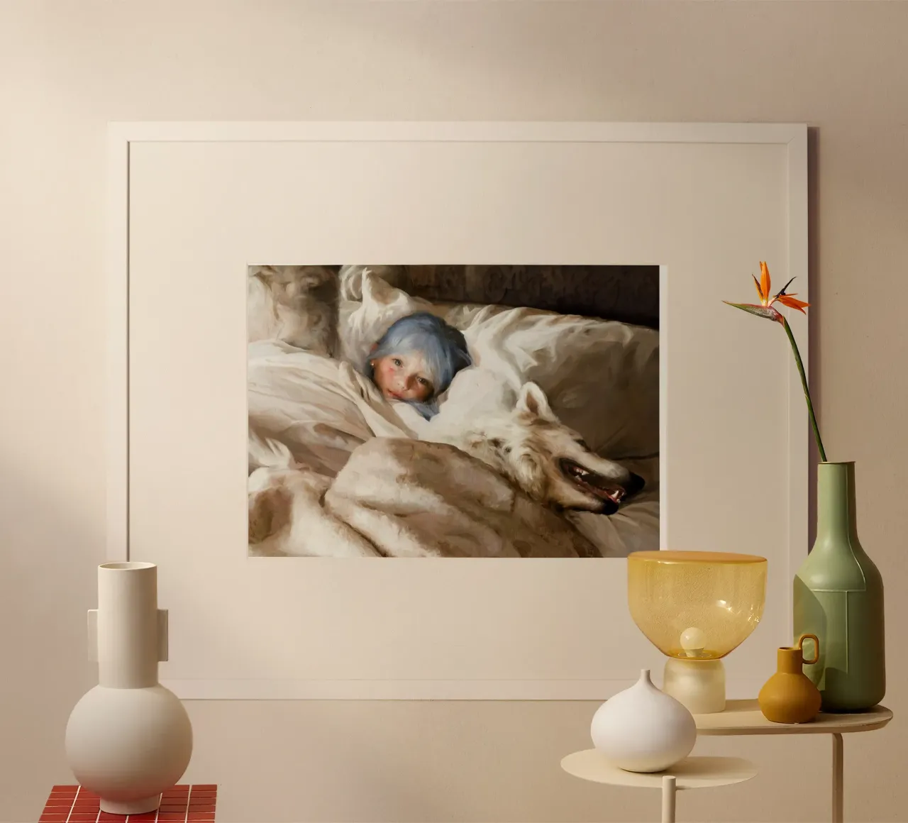 Guillermo Lorca García - Il bambino e il lupo poster con telaio in legno da The Poster UK