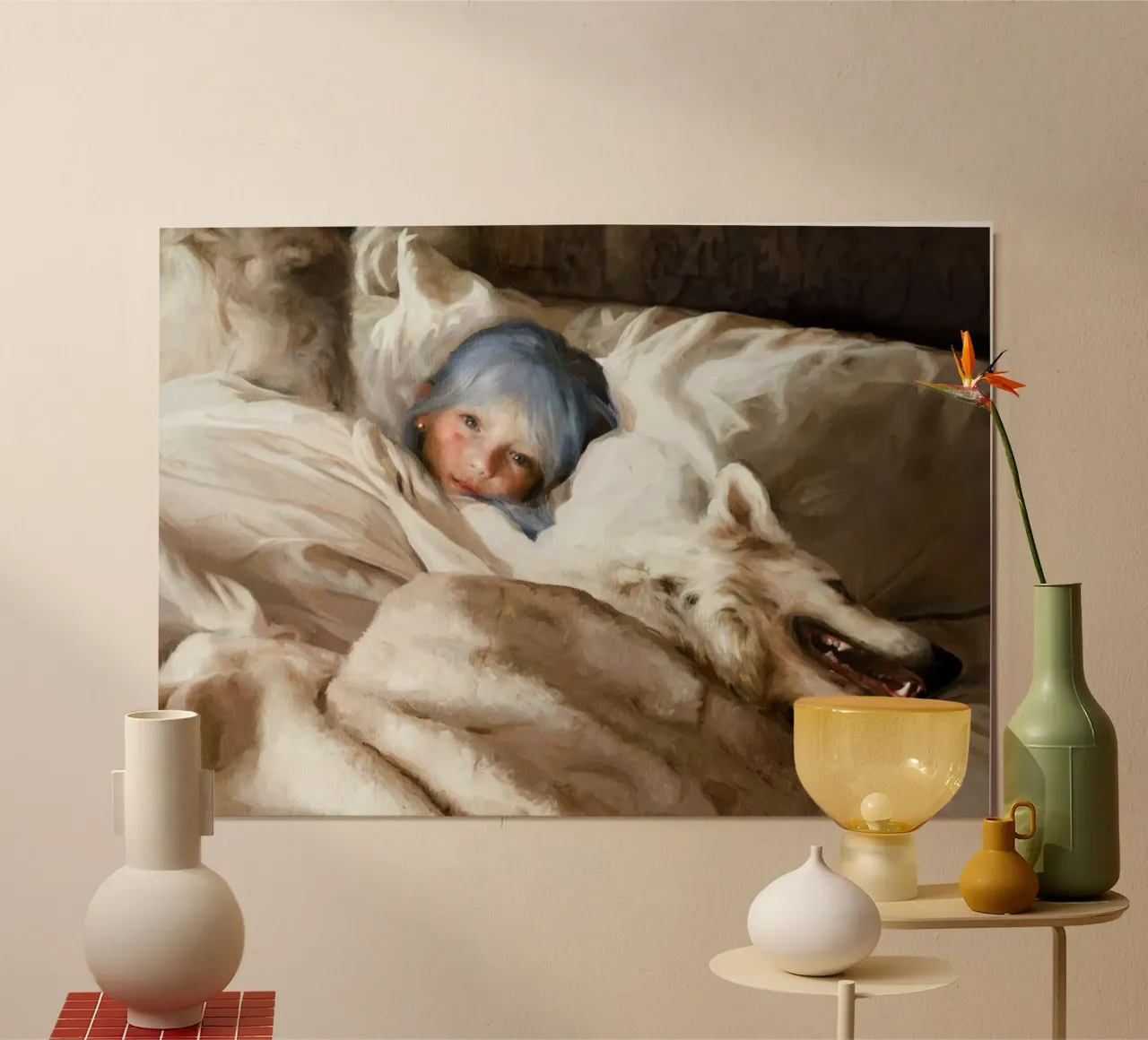 Guillermo Lorca García - Il bambino e il lupo poster con telaio in legno da The Poster UK