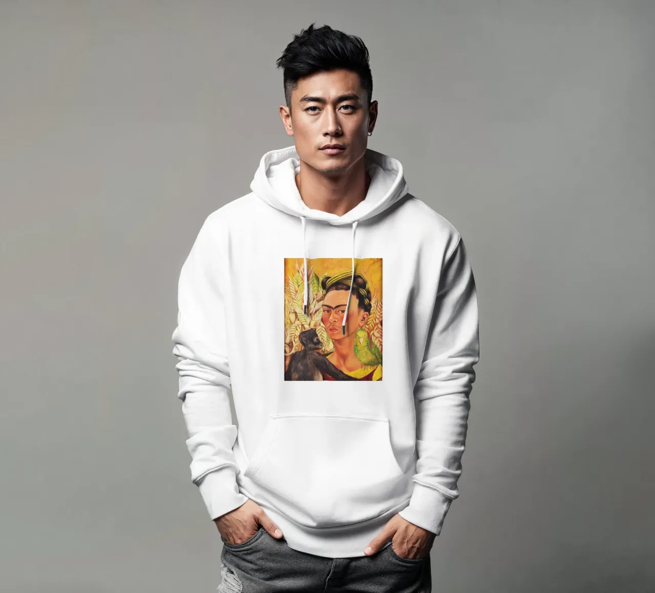 Autoritratto di Frida Kahlo con scimmia e pappagallo felpa con cappuccio da Venus Art
