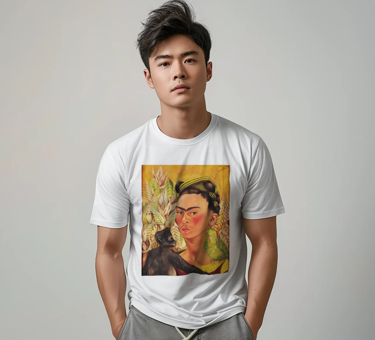 Autoritratto di Frida Kahlo con scimmia e pappagallo t-shirt da Venus Art