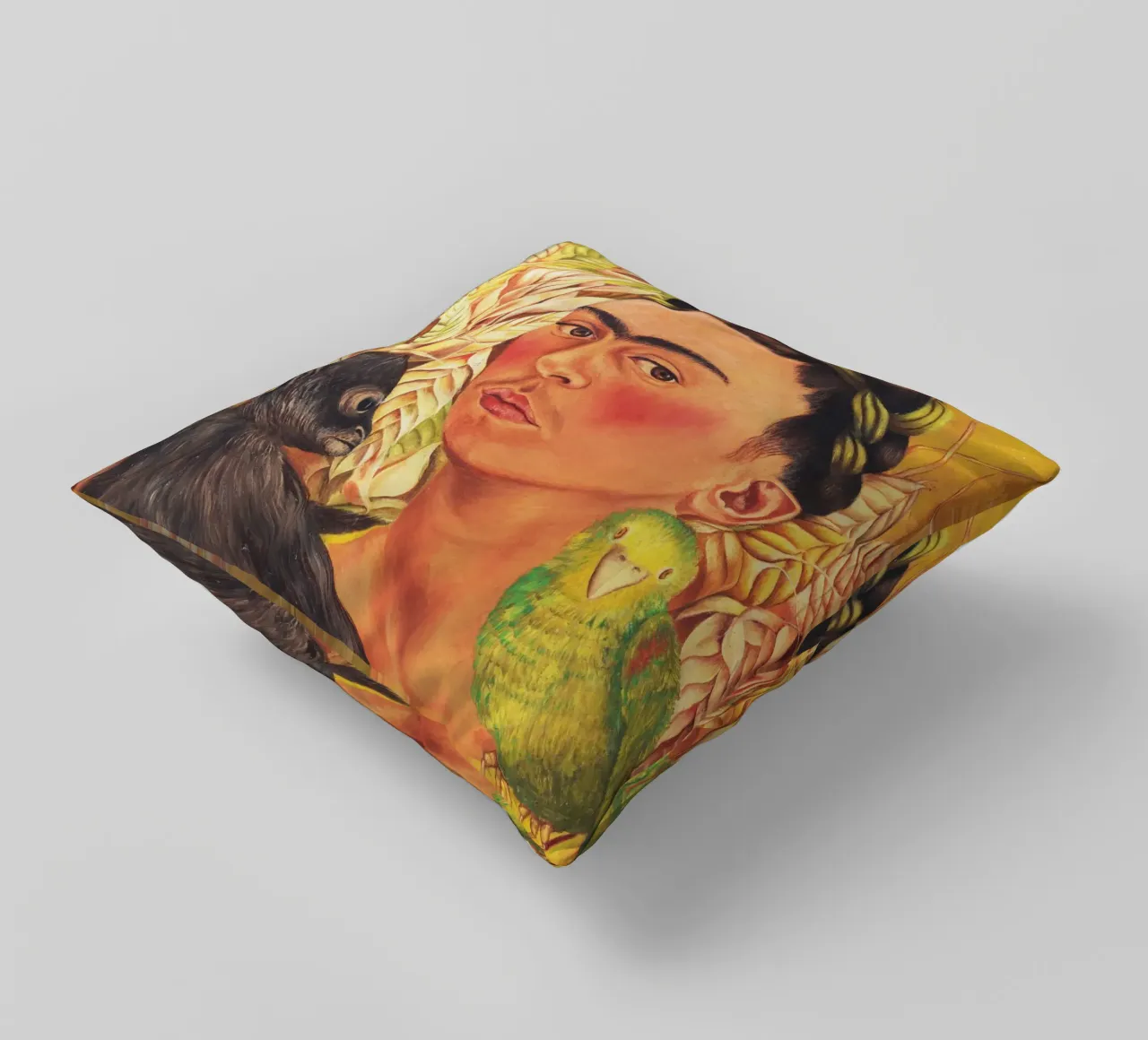 Frida Kahlo's Self-Portrait with Monkey and Parrot decorative cushion by Venus Art
