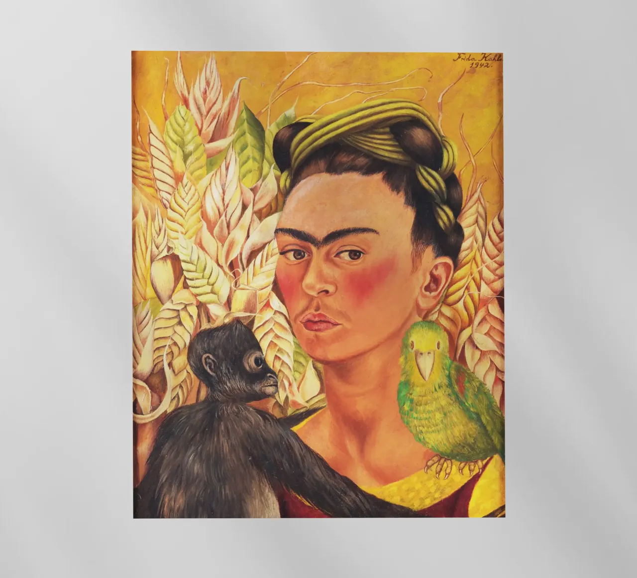 Autoritratto di Frida Kahlo con scimmia e pappagallo pellicola backlit da Venus Art