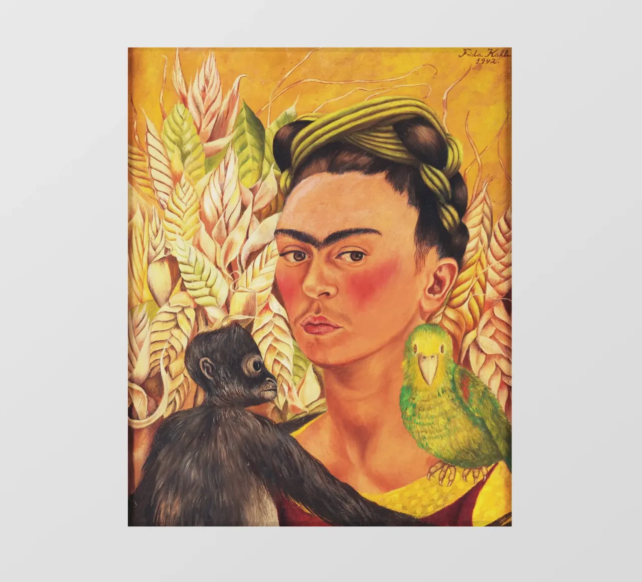 Autoritratto di Frida Kahlo con scimmia e pappagallo pellicola backlit da Venus Art