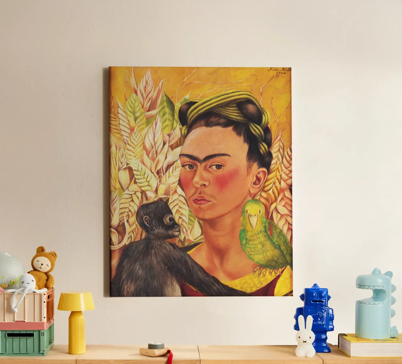 Frida Kahlo's Self-Portrait with Monkey and Parrot canvas by Venus Art