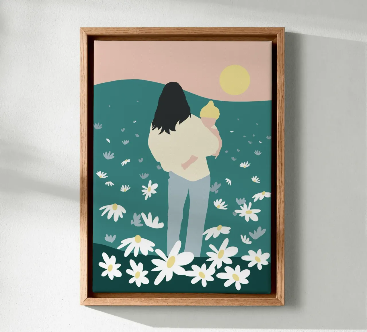 Silhouette amorevole di madre e figlio su un prato di fiori selvatici tela con Cornice a cassetta da Tine Taler