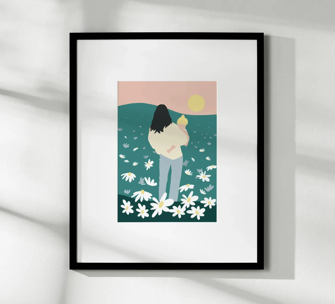 Affectueuse silhouette de mère et d'enfant dans une prairie de fleurs sauvages poster avec cadre en plastique de Tine Taler