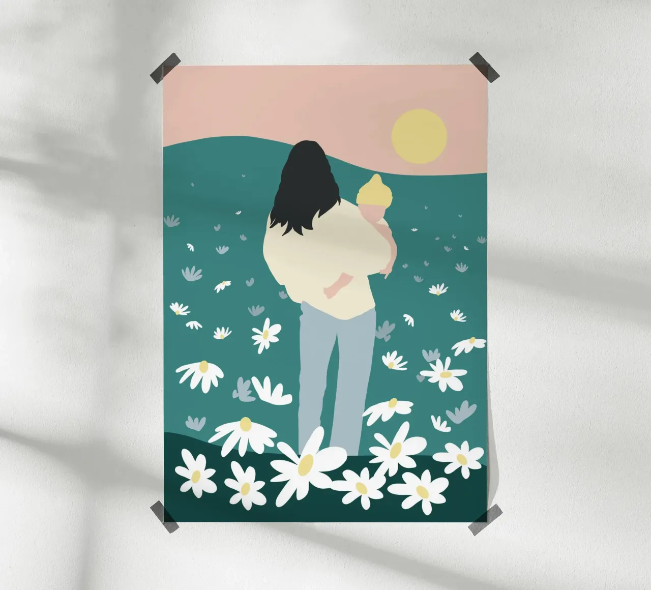 Affectueuse silhouette de mère et d'enfant dans une prairie de fleurs sauvages poster avec cadre en plastique de Tine Taler