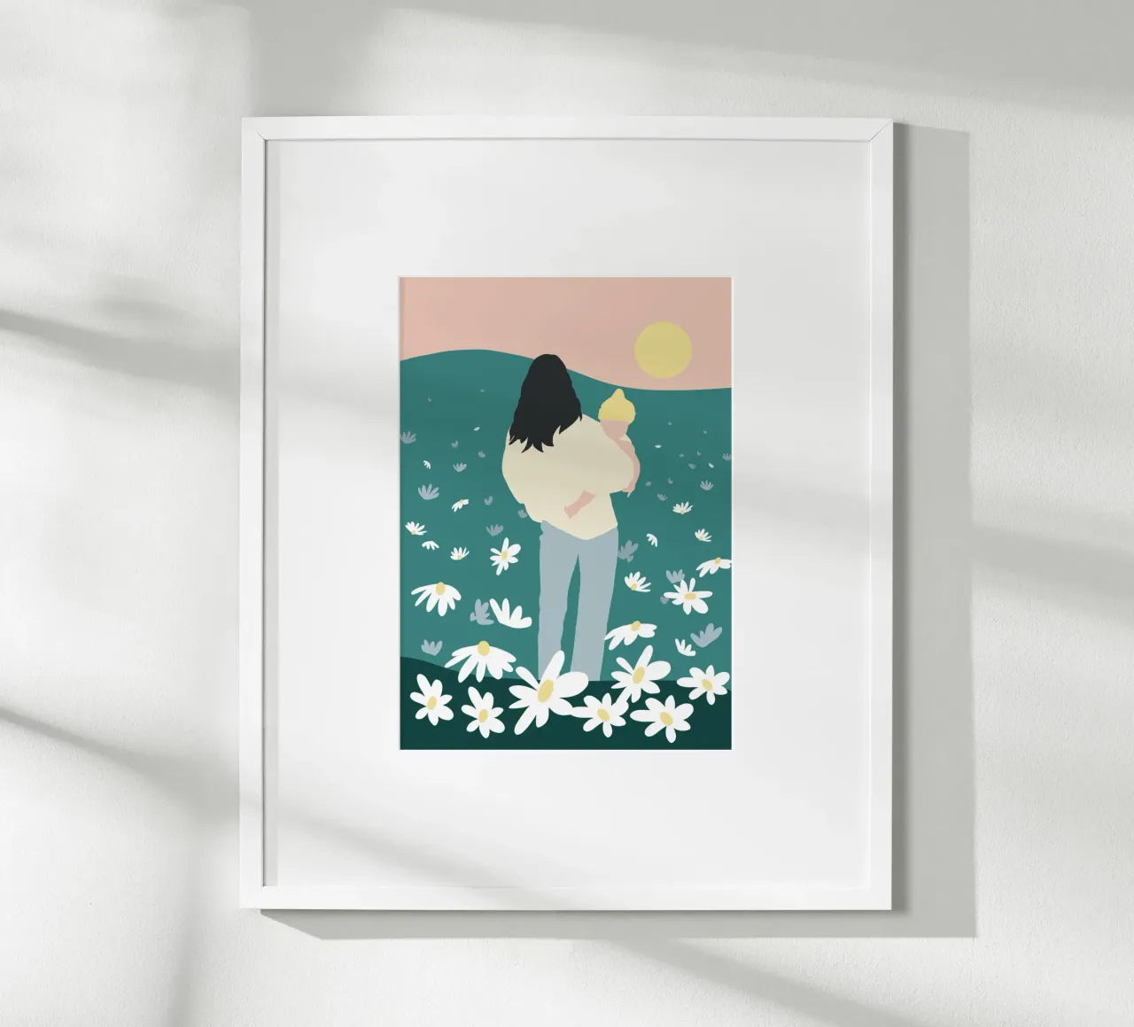 Affectueuse silhouette de mère et d'enfant dans une prairie de fleurs sauvages poster avec cadre en plastique de Tine Taler