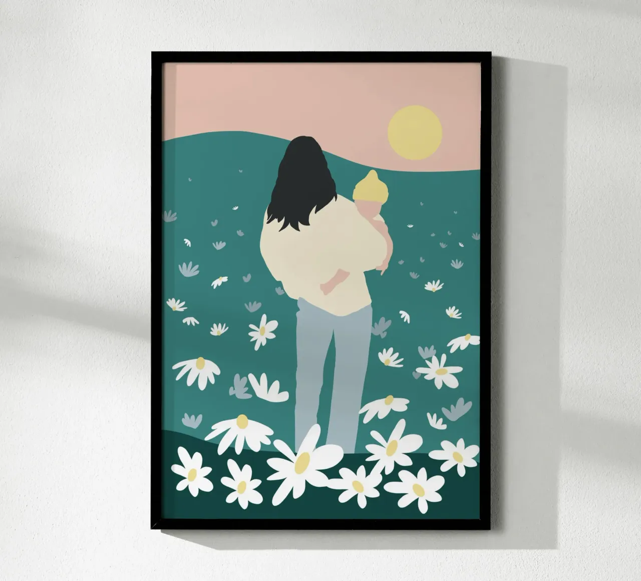 Affectueuse silhouette de mère et d'enfant dans une prairie de fleurs sauvages poster avec cadre en plastique de Tine Taler