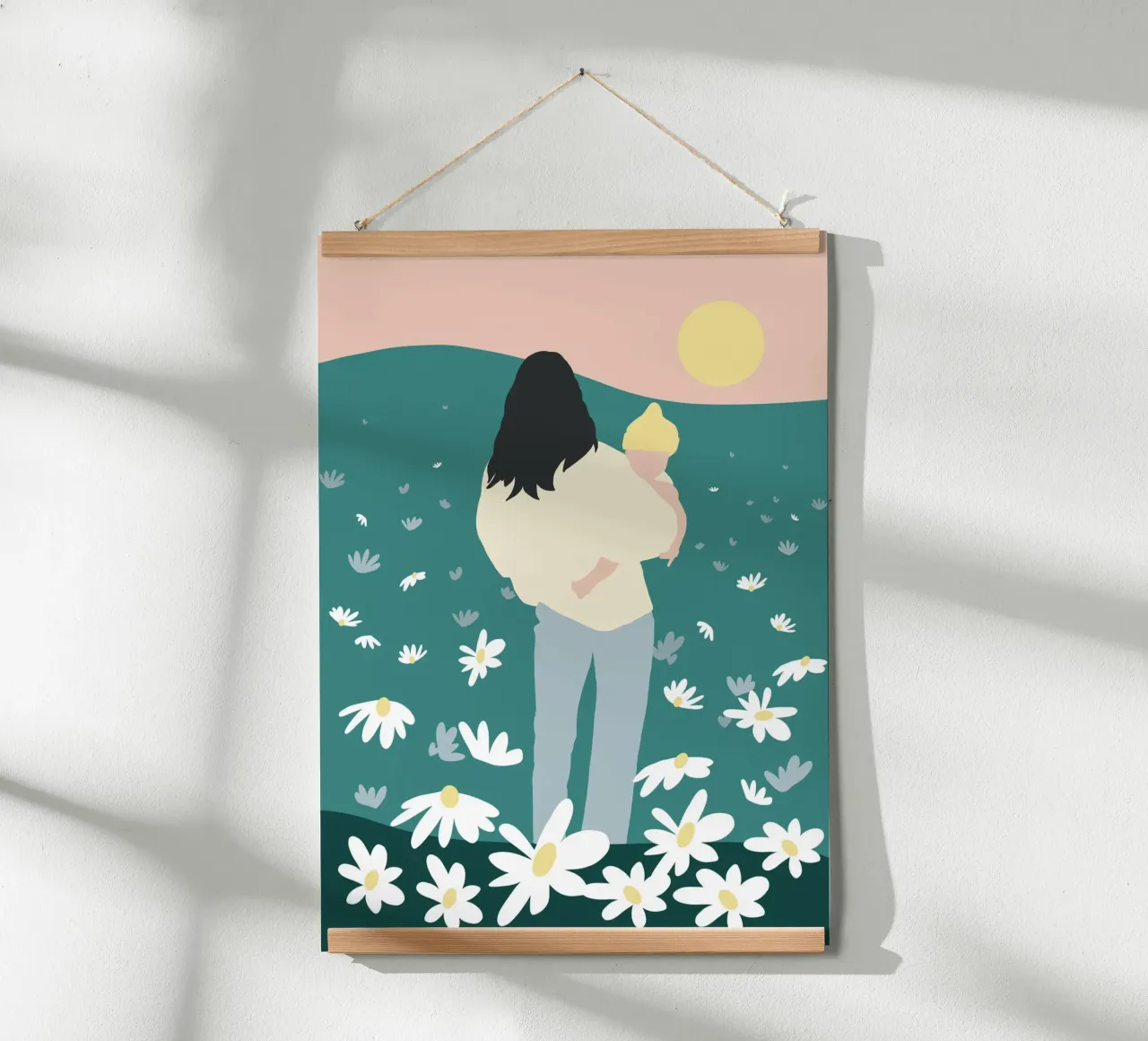 Affectueuse silhouette de mère et d'enfant dans une prairie de fleurs sauvages poster avec cadre en plastique de Tine Taler