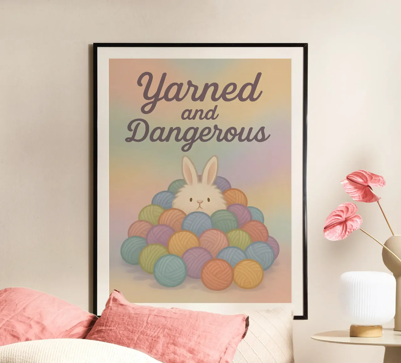 Divertente il meme del coniglio in filato poster con telaio in plastica da Funny Humor Art